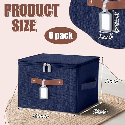 6 Pack Fabric Closet Storage Bins with Zipper Lids and Label, 10×8×7In Large Size Foldable Cotton Linen Storage Cubes Boxes with PU Leather Handles Holders for Bedroom, Nursery, Dark Blue - color: Dark Blue, size: 10×8×7in