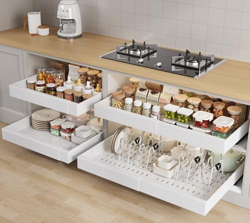 Seinloes 4 Pack Pull out Cabinet Organizer 21" Deep With Raising Pad for Framed Cabinets,Expandable (15.2"-26.3"W) Slide out Drawers for Kitchen Cabinets with 4pcs Divider Racks,Roll out Shelves,White - color: White, size: 15.2"-26.3"W x 21"D(4Pack)
