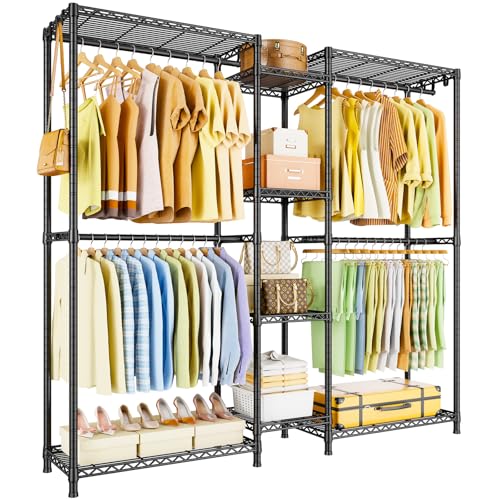 Ulif E4 Clothes Rack, Heavy-Duty Garment Rack, Metal Freestanding Clothing Organization Storage System Can Be L-Shaped with Shelves and Hangers, Max Load 962lbs, 71.6" W x 14.5" D x 79.3" H, Black - color: Black