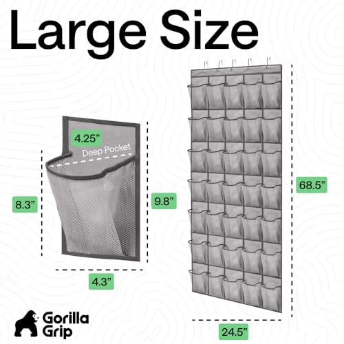 GORILLA GRIP Over the Door Shoe Organizer, 35 Large Breathable Mesh Pockets, Space Saving Hanging Storage Holder, 5 Hook Closet Rack Hanger, Hangs on Closets for Shoes, Accessories 68.5H x 24.5W Grey - color: Grey, size: 35 Pockets/5 Hooks