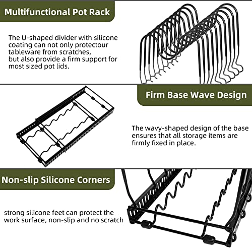 ROOHUA Pot Rack -Expandable Pan Organizer for Cabinet, Lid Holder with 10 Adjustable Compartment for Kitchen Cabinet Cookware Baking Frying Rack - color: Black