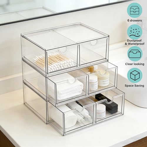 Prsildan Stackable Clear Makeup Organizer, 3 Pack Acrylic Storage Drawers with 6 Drawers for Vanity Bathroom Office Desk Modular Drawer System for Cosmetics Jewelry Toiletries Home Organization - style: Style2-6Drawers