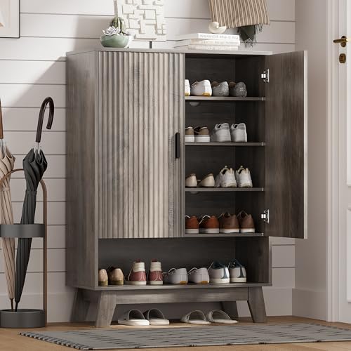 Shoe Cabinet Storage for Entryway with Doors, 5 Tier Fluted Shoe Organizer with Adjustable Shelves, Entryway Shoe Storage with Wooden Legs, Freestanding Hidden Shoe Rack for Front Door Entrance, Grey - color: Grey, size: 5 Tier