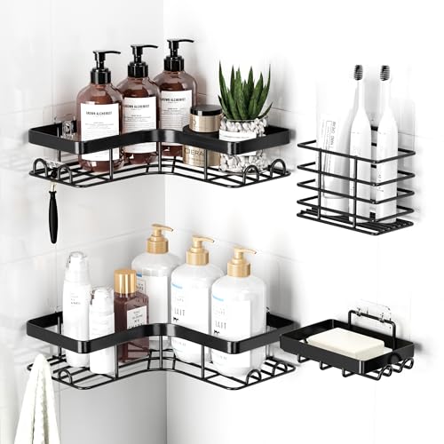 Sakugi Corner Shower Caddy - 4-Pack Shower Organizer with Soap Holder & Toothbrush Holder, Rustproof Metal Shower Shelves, Laundry, Kitchen, Bathroom Organizers and Storage Solution, Large, Black - color: Black, size: Large - 4 Packs