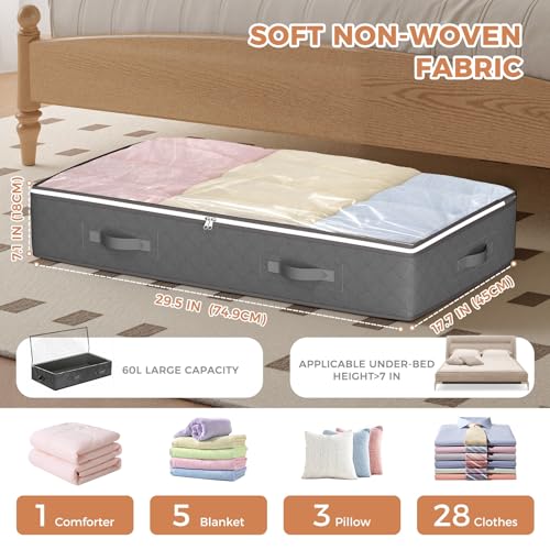 Budding Joy 60L Under Bed Storage Containers, Storage Bins with Clear Lids, Foldable Closet Organizers for Clothes, Blankets, Shoes, Bed Sheets, Comforter, Wrapping Paper, Home Dorm Storage