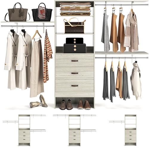 Armocity 96 Inches Closet System, 8FT Walk In Closet Organizer with 3 Shelving Towers, Heavy Duty Clothes Rack with 3 Drawers, Built-In Garment Rack, 96"L x 16"W x 75"H, Load 1000 LBS, White Oak - color: White Oak