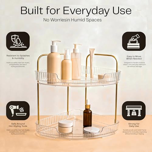 2-Tier Acrylic Corner Bathroom Organizer with Handle Round Skincare & Makeup Storage Tray, Waterproof, Lightweight, Heat Resistant Vanity Shelf for Countertop, Kitchen, Bedroom, Dresser