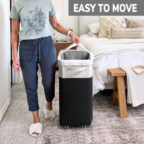 Goodpick Hamper with Wheels 75L 2-Pack, Tall Laundry Basket with Removable Wash Bags, Rolling Black Laundry Hamper for Corner Dorm, Large Collapsible Laundry Baskets - color: Black & White 2-Pack