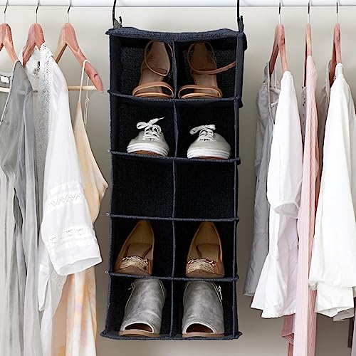 Household Essentials Hanging Cotton Blend and Plastic Closet Shoe Organizer with 10 Storage Compartments, Denim - color: Denim