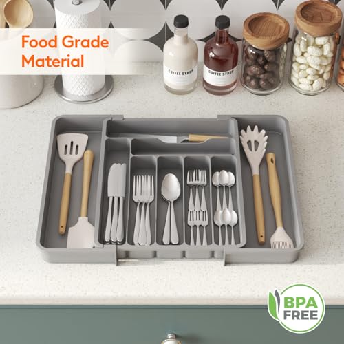 Lifewit Utensil Organizer for Kitchen Drawer, Expandable Cooking Silverware Tray, Adjustable Cutlery Flatware Holder, Plastic Spatula Tools Storage Divider, 11.8-19.6 x 15", Gray - color: Gray, size: L (11.8-19.6"W × 15"D )
