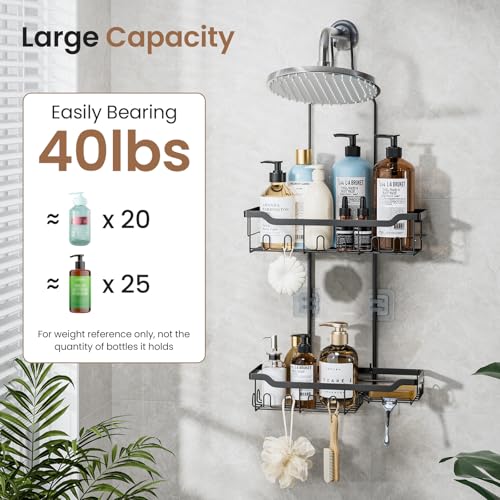 Skyapex Shower Caddy Hanging, Adjustable Height 2-Tier Shower Organizer Over Showerhead, Rust-Resistant Stainless Steel Shower Rack with 15 Hooks, Heavy Duty Anti-Swing Bathroom Storage, Black