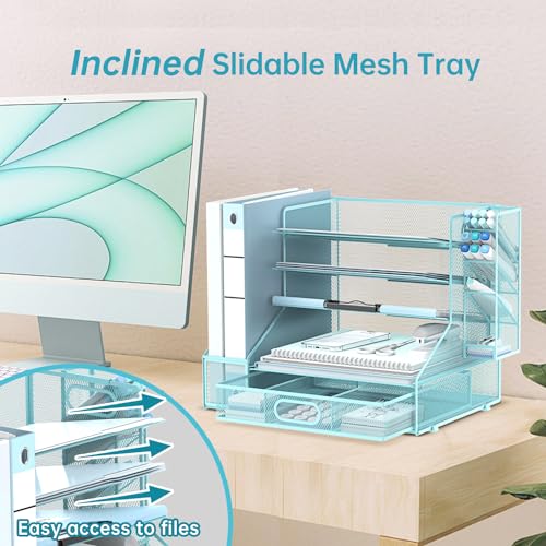 SUPEASY Desk Organizer with File Holder, 5-Tier Mesh Paper Letter Tray Organizer with Pen Holder and Drawer, Desktop Organizer and Storage with 3 Tilted File Sorter for Office Supplies, Blue - color: Blue
