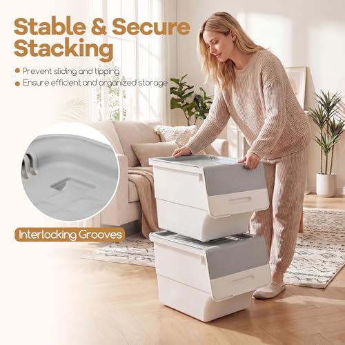 Giantex Plastic Stackable Storage Bins with Lids & Wheels, 3 Pack Open Front Stacking Bins, Organizer Bins for Pantry, Kitchen, Laundry, Closet, Playroom, Bedroom Organization (35 QT) - color: White + Gray, size: 3 Pack, 35 QT