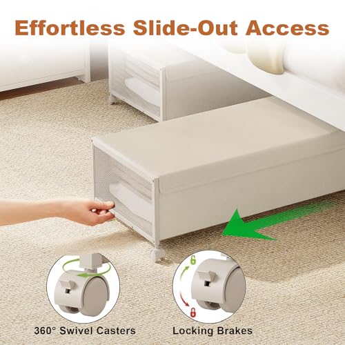 2 Pack Under the Bed Storage Containers,10 inch Height Under Bed Shoe Storage,31inch Long Underbed Storage with Wheels,Large Rolling under bed Clothes Storage Drawers with Lid for Dorm Tall ,Ivory - color: Ivory, size: 2PC (31"Lx17"Wx10"H)