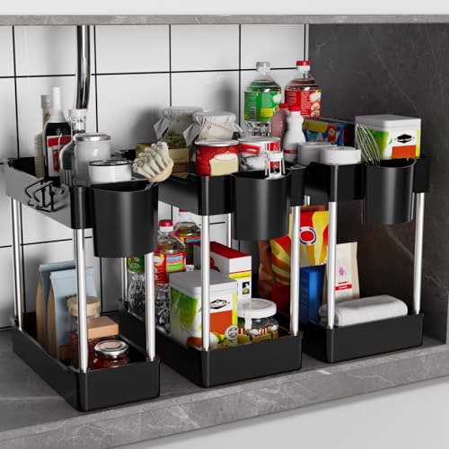 3 Pack Under Sink Organizers and Storage, 2 Tier Bathroom Cabinet Organizer Shelf with Hanging Cups for Kitchen & Bathroom (Black) - color: Black, size: 3 Pack