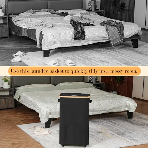 Laundry Basket with Wheels, Dirty Clothes Hamper on Wheels, Rolling Tall Laundry Hamper with lid for Laundry Room, Dorm and Bathroom, 75L Black - color: Black, size: 75L