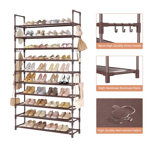 LANTEFUL Tall Shoe Rack 10 Tier Shoe Organizer Large Shoe Shelf with 18 Hooks Storage for 50 Pair Sneaker and Boot, Stackable Vertical Shoe Rack Organizer for Closet, Entryway, Bedroom, Brown - color: Brown, size: 10 Tier-68" High-34" Wide