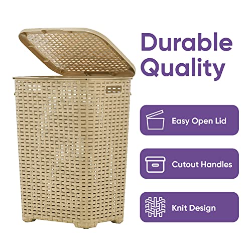 Plastic Laundry Hamper with Lid 3 Pack Laundry Hamper Basket, Beige Tall Cloths Hamper Organizer with Cut-out Handles. Space Saving for Laundry Room Bedroom Bathroom, Wicker Design 60 Liter - color: Beige, size: 3-pack