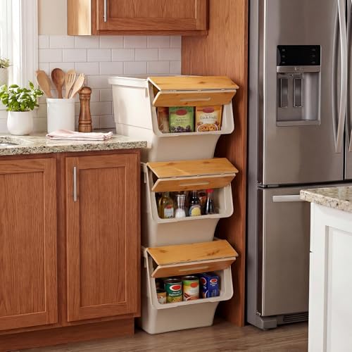 Giantex Plastic Stackable Storage Bins with Lids & Wheels, 6 Pack Open Front Stacking Bins, Organizer Bins for Pantry, Kitchen, Laundry, Closet, Playroom, Bedroom Organization (35 QT) - color: White + Natural, size: 6 Pack, 35 QT