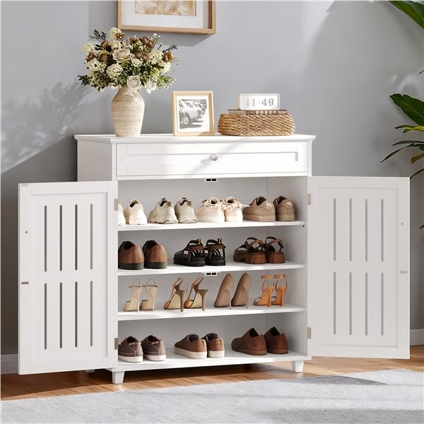 Yaheetech Shoe Cabinet, 4-Tier Shoe Storage Cabinet with Drawer & Adjustable Shelves, Wooden Shoe Rack Organizer with Louvered Doors for Entryway, Hallway, Closet, Living Room, White - color: White, size: 31 x 15 x 34’’