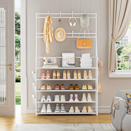 OYREL Shoe Rack 5 Tier Shoe Racks Organizer 20-25 Pairs Shoes Rack for Closet Entrance Shoe Storage Shelf with Hooks and Side Pocket Entryway Shoe Holder Space Saving Free Standing Shoe Racks - color: White, size: 5 Tier