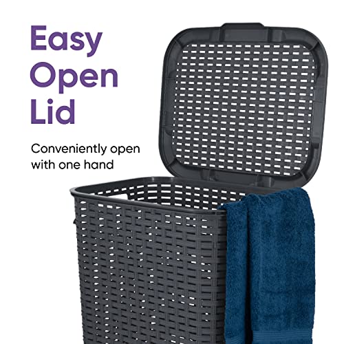 Plastic Laundry Hamper with Lid 3 Pack Laundry Hamper Basket, Grey Tall Cloths Hamper Organizer with Cut-out Handles. Space Saving for Laundry Room Bedroom Bathroom, Wicker Design 60 Liter - color: Grey, size: 3-pack