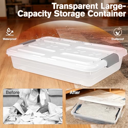 4 PCS*37 Qt Wheeled Latching Under Bed Storage, Stackable Bin with Latch Lid, Plastic Container to Organize Shoes Underbed, Clear with White Lid(White) - size: 49Quart*4PC