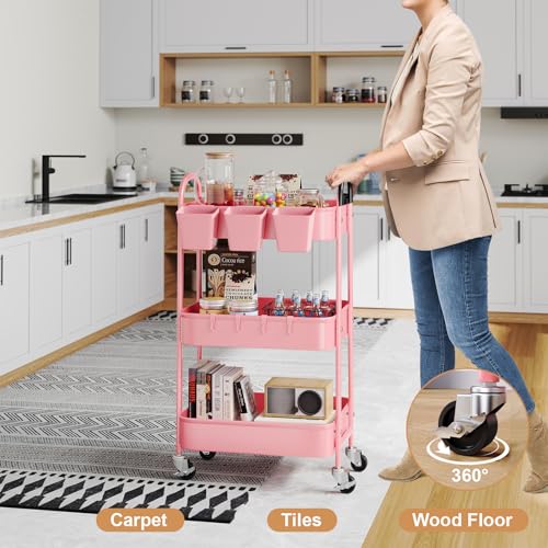 3 Tier Metal Rolling Cart with Lockable Wheels and Handle, Three Tiered Pink Trolley Cart on Wheels, Utility Storage Organizer for Bathroom, Kitchen, Teachers, Art, Crafts, Baby Diaper, Snack, Nail - color: Fashion Pink, size: 3 tier