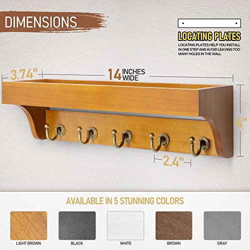 Rebee Vision Decorative Key Holder for Wall with Shelf: Farmhouse Mail Rack with 5 Sturdy Key Hooks for Home Decor, Apartment, Entryway and Hallway (Light Brown) - color: Yellow