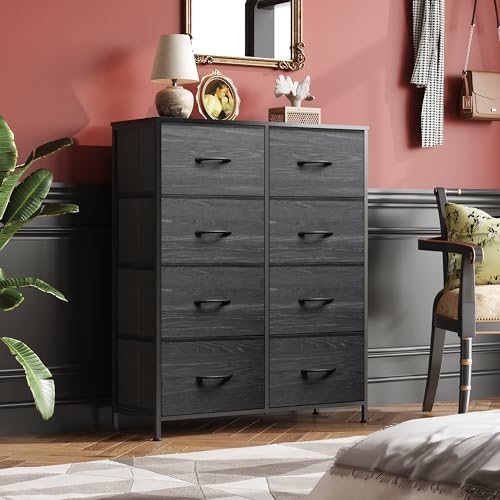 WLIVE Fabric Dresser for Bedroom, Tall Dresser with 8 Drawers, Storage Tower with Fabric Bins, Double Dressers, Chest of Drawers for Closet, Living Room, Dormitory, Charcoal Black Wood Grain Print - color: Charcoal Black Wood Grain Print, style: General