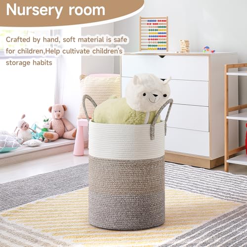 CLHMILY&Z 60L Laundry Basket Round Storage Rope Basket - 15x20.5 Inches - Laundry Hamper in Bedreoom and Mutil Storage Bin for Blankets, Toys, and Nursery Essentials - color: Brown & White, size: 60L