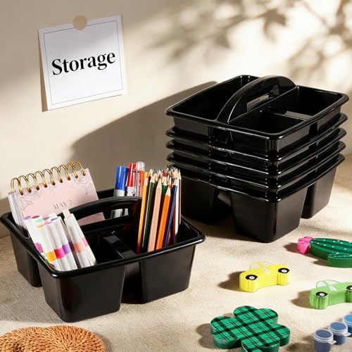 6 Pack Classroom Caddy with Handle Plastic Storage Caddy Organizer with 3 Compartments Desk Caddies Holder Portable Storage Bin for Pencil, Crayon, Marker, Home, Office, School Supplies(Black) - color: Black