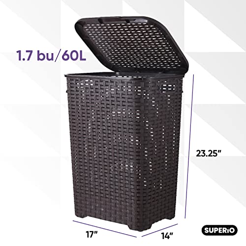 Superio Laundry Hamper Basket With Easy Open Lid 60 Liter Large Wicker Hamper, Dirty Cloths Storage With Two Cutout Handles, Laundry Room Bin (2 Pack, Brown) - color: Brown, size: 2-pack
