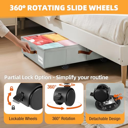 Under Bed Storage with Wheels,Underbed Storage with Sturdy Sidewalls/Bottom, Clear Cover, Label and PU Handle, Rolling Under Bed Drawers for Clothes, Shoes, 5.5 Inch Height,Grey, 2 Pack - color: Grey 2 Pack, size: 6.5 inch