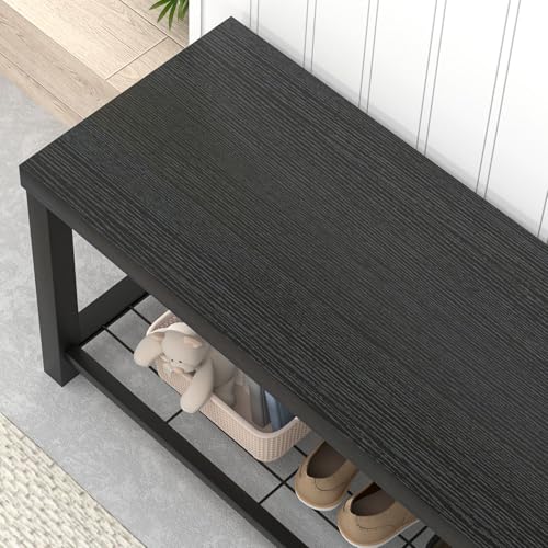 EXCEFUR Entryway Bench, Modern Wood and Metal Storage Bench for Hallway Front Door Entrance, Industrial Indoor Shoe Rack Bench Seat for Bedroom Living Room, 43.3 Inch Black - color: Black, size: 2-Tier