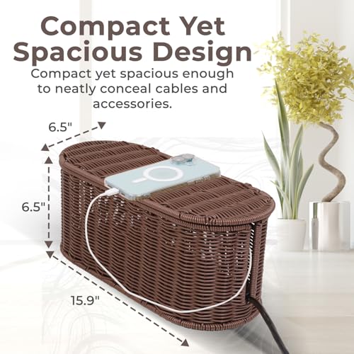Cable Management Box, Handmade Rattan Cable Organizer, 2 Open Slots Cords Hider Box, Under Desk Cord Organizer for Computer Router USB Hub & Power Strip, Patent Pending, 15.9" x 6.5" x 6.5", Brown - color: Brown, style: Oval