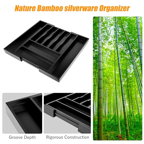 Bellsal Large Premium Bamboo Silverware Organizer - Expandable Utensil Drawer Organizer - 17"x19.6" Utensil Holder and Cutlery Tray with Grooved for Kitchen Flatware and Utensils(7-9 Slot, Black) - color: Black, size: 9 Slots Expandable