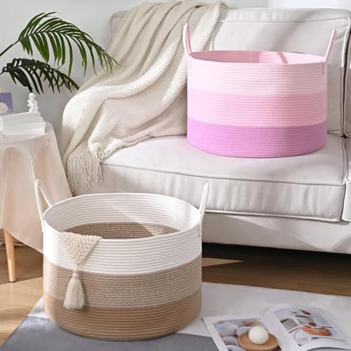 Extra Large Toy Basket, 20"x13" Kids Toy Storage for Playroom Classroom Nursery, Woven Rope Blanket Basket with Handles, Stuffed Animal Organizer & Dog Toys Basket, Pink - color: Pink - Wide