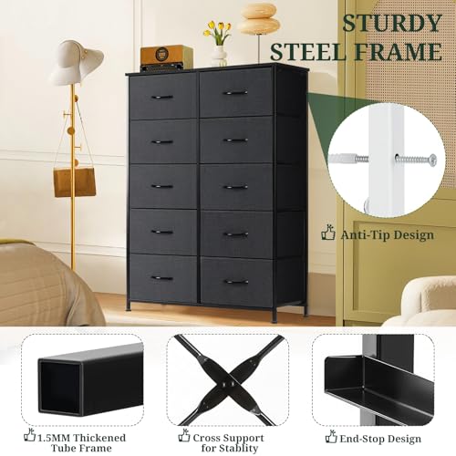 10-Drawer Dresser for Bedroom, Anti-Tip Tall Storage Organizer Chest of Drawers with Wooden Top and Metal Frame Fabric Bins for Closet, Living Room, Hallway, Entryway, Black - color: Black, size: 11.8"D x 31.4"W x 45.6"H (10 Drawers)