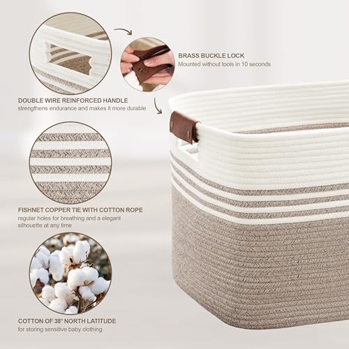 72L Large Laundry Basket with Leather Handles for Living Room Storage, Woven Rope Baskets Bin for Blanket, Kids Toy, Gifts, Wicker Hamper for Bedroom Dirty Clothes, 22"x17"x12" White Brown - color: Brown, size: 72L