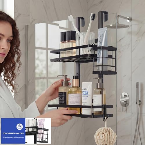 Over the Door Shower Caddy Hanging, Rustproof Shower Shelves with Waterproof Phone Pouch, 2-Tier Adjustable Bathroom Organizers and Storage, No Drilling Shower Shelf, Black Shampoo Soap Holder - size: 2 Tier