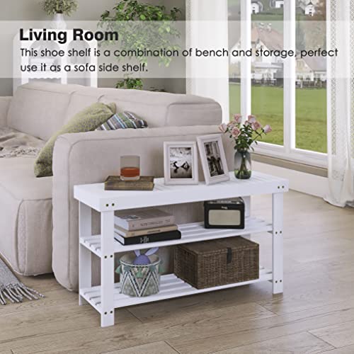 SMIBUY Bamboo Shoe Rack Bench, 3-Tier Shoe Organizer Storage Shelf for Entryway Hallway Bathroom Living Room (White) - color: White