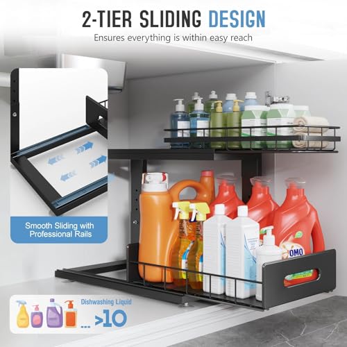 Under Sink Organizer Upgrade To Professional Rails,2-Tier Dual Pull Out Cabinet Storage,Height Adjustable Slide Out Drawers For Bathroom Kitchen,2 Pack-16.7"Dx12.8"-16.9"H,Black - color: Black, size: 2 Pack-16.7"Dx12.8"-16.9"H