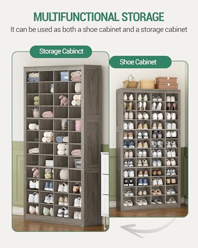 Hzuaneri Shoe Storage Cabinet, 48 Pairs Free Standing Closet Organizer, 9 inch Widened Cell Wood Shoe Organizer, 12 Tiers Vertical Space Saving Shoe Rack for Entryway, Cloakroom, Greige SR39605X - color: Greige, size: 48 Pairs