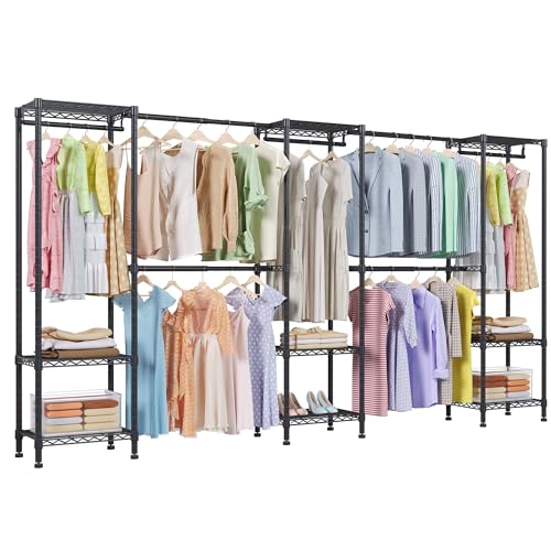 Higeego H11 Large Clothing Rack for Hanging Clothes Heavy Duty Garment Rack, Freestanding Wardrobe Closet Organizer and Storage with Expandable Hanger Rods, Extendable from 7.8 to 10.8 ft, Black - color: Black, style: 5 Row