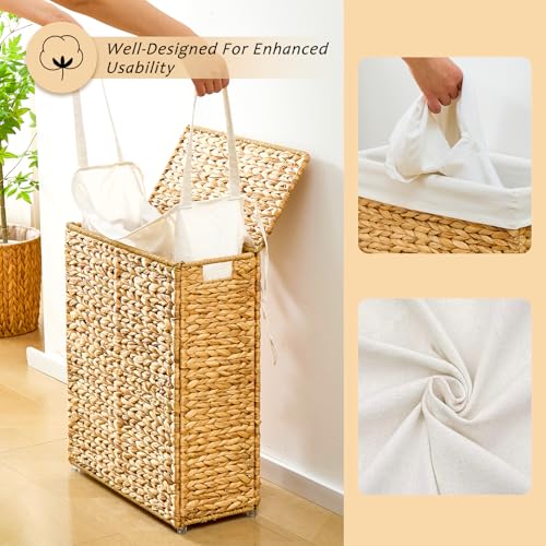 Handwoven Slim Laundry Hamper with Lid, Narrow Wicker Laundry Basket, Natural Water Hyacinth Basket and Handleswith Removable Liner Bag & 2 Mesh Bags (Natural with Lid, 75L) - color: Hyacinth with Lid, size: 75L