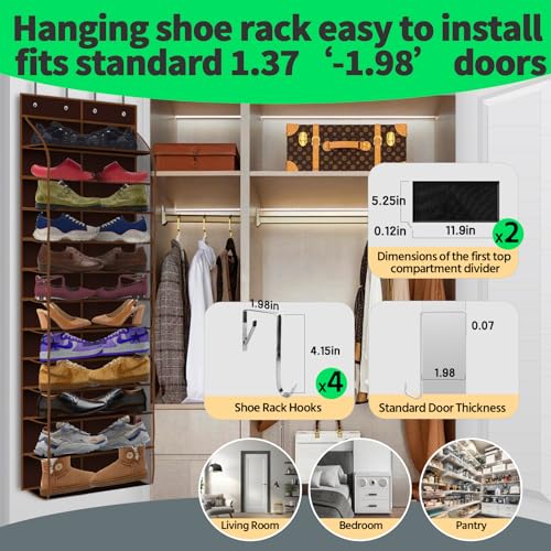 PAULONE 12 Pocket Over the Door Shoe Organizer,Reusable Breathable Large Mesh Bag Men's & Women's Sneaker Organizer,Shoe Organizer for Kids,Hanging Shoe Storage Hanging Bag (Coffee brown) - color: 12th Floor-Coffee brown