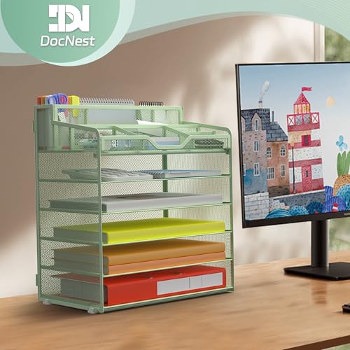 Docnest 6 Tier Mesh Desk Organizer for Paper Office Supplies – Multi-Functional Letter Tray with 5 Adjustable Compartments, 6 Pen Holders, Desktop Storage for Files, Mail, Stationery – Green - color: Green, size: 12.7" x 9.1" x 15.5"