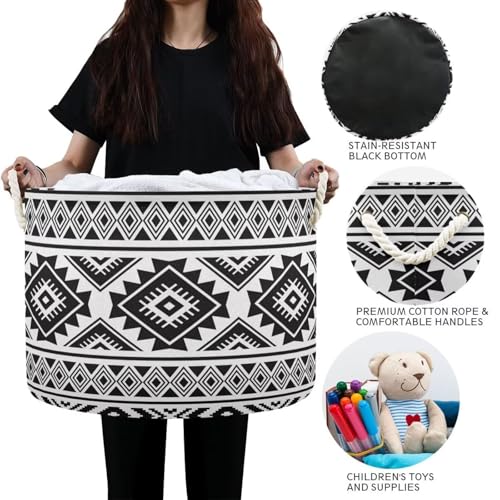 Black Ethnic Aztec Print Round Storage Basket Retro Tribal Navajo Geometric Large Laundry Hamper 20" x 20" x 14" Organizer Bin with Handles Clothes Storage Bag for Nursery Bedroom Living Room Decor - color: Black