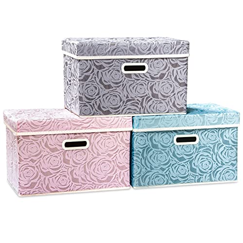 PRANDOM Larger Collapsible Storage Cubes with Lids Fabric Decorative Storage Bins Boxes Organizer Containers Baskets with Cover Handles for Bedroom Closet Living Room 17.7x11.8x11.8 Inch 3 Pack - color: Assorted Color, size: Large(3-Pack)